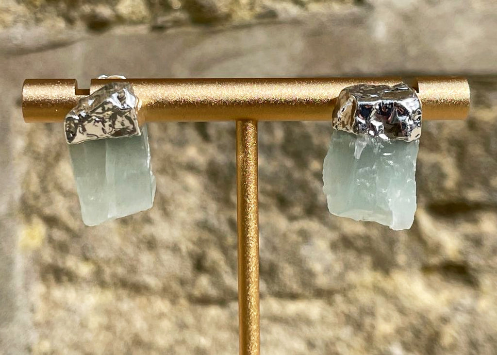 Raw Aquamarine Stud Earrings With Electroplating