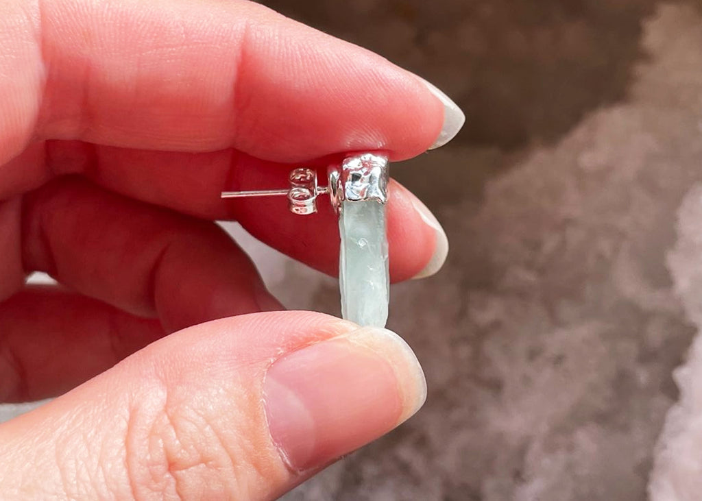 Raw Aquamarine Stud Earrings With Electroplating