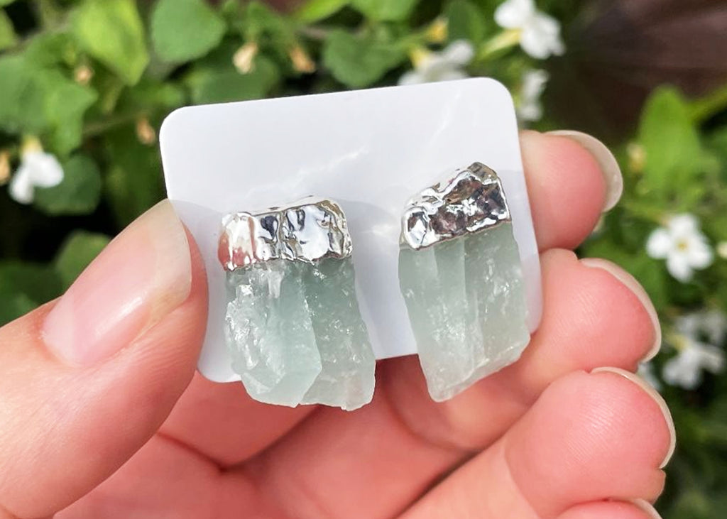 Raw Aquamarine Stud Earrings With Electroplating